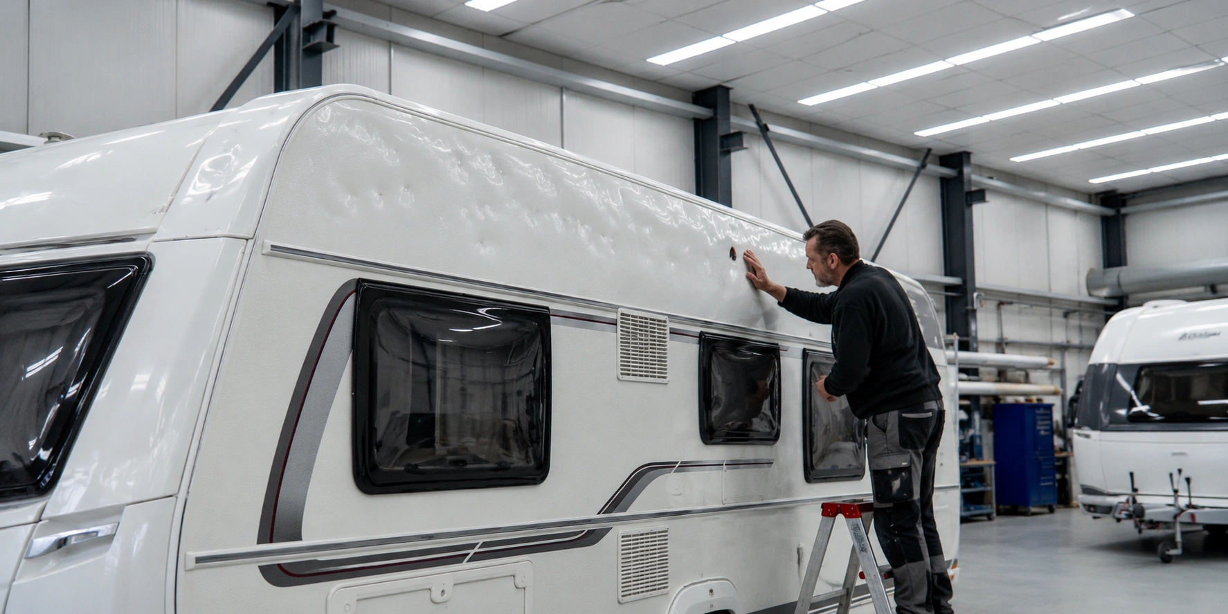 Monteur inspecteert het dak van een caravan op hagelschade