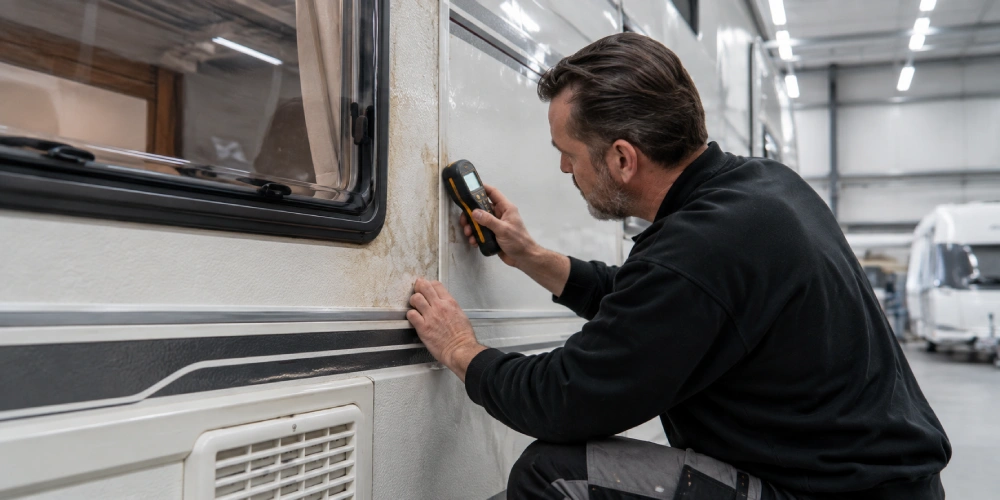 Monteur meet vocht in de wand naast een caravanraam